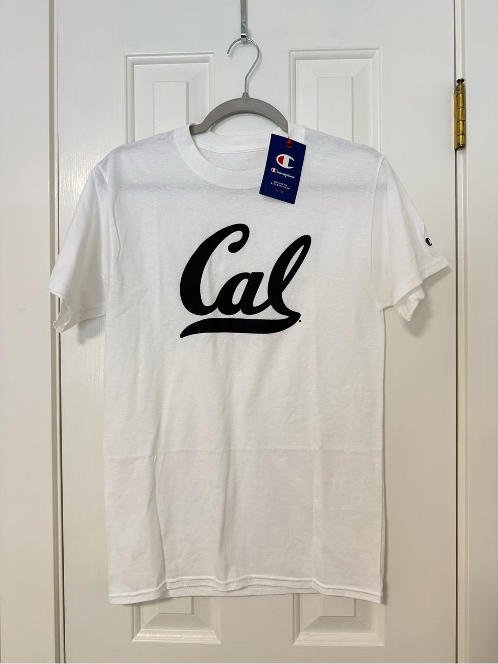 Champion White Tee with Black Cal Script Logo
